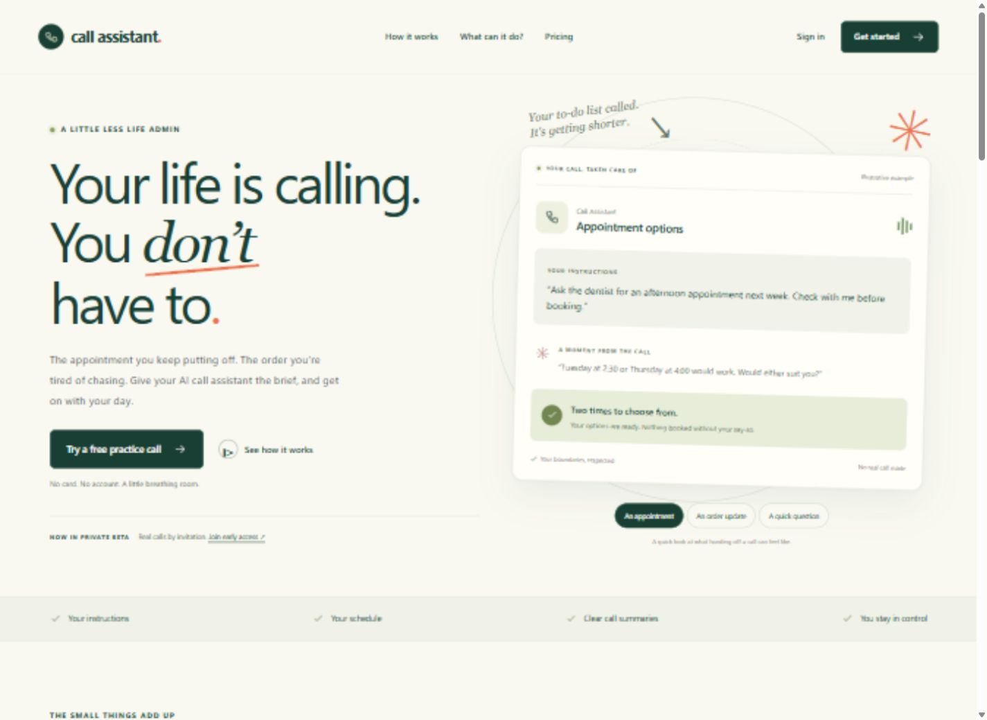 Actual public website · Introducing the call assistant
